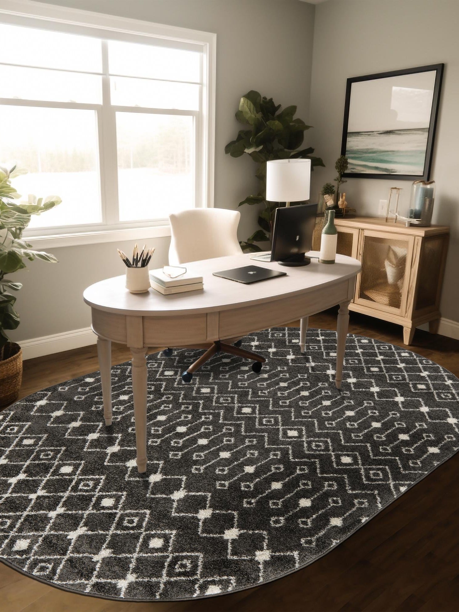 Dark Gray 7' 10 x 10' Tribal Trellis Oval Area Rug Geometric Southwestern Inspired Durable Carpet for Home Interior Design for Sale at Rug Engine
