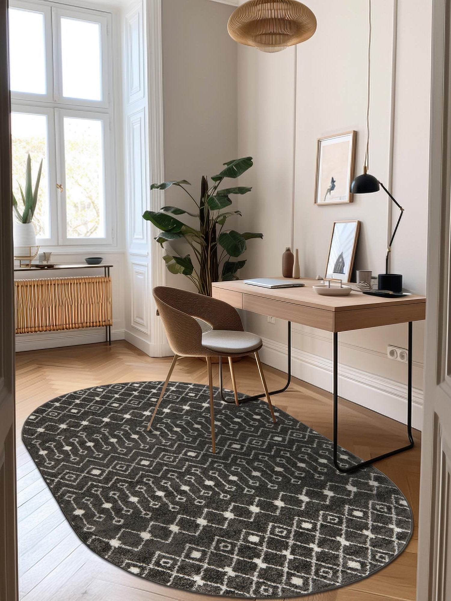 Dark Gray 5' 3 x 8' Tribal Trellis Oval Area Rug Geometric Southwestern Inspired Durable Carpet for Home Interior Design for Sale at Rug Engine