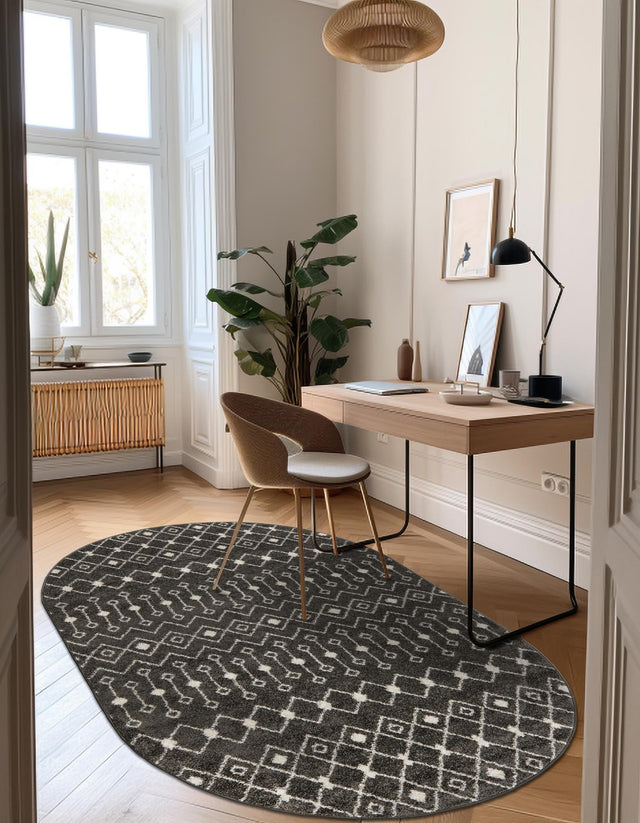 Dark Gray 7' 10 x 10' Tribal Trellis Oval Area Rug Geometric Southwestern Inspired Durable Carpet for Home Interior Design for Sale at Rug Engine