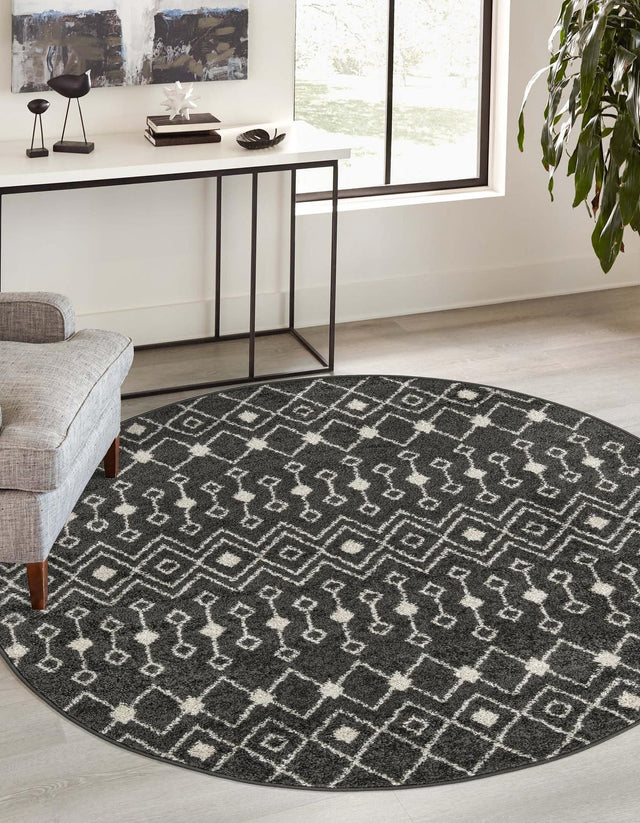 Dark Gray 7' 10 x 7' 10 Tribal Trellis Round Area Rug Geometric Southwestern Inspired Durable Carpet for Home Interior Design for Sale at Rug Engine