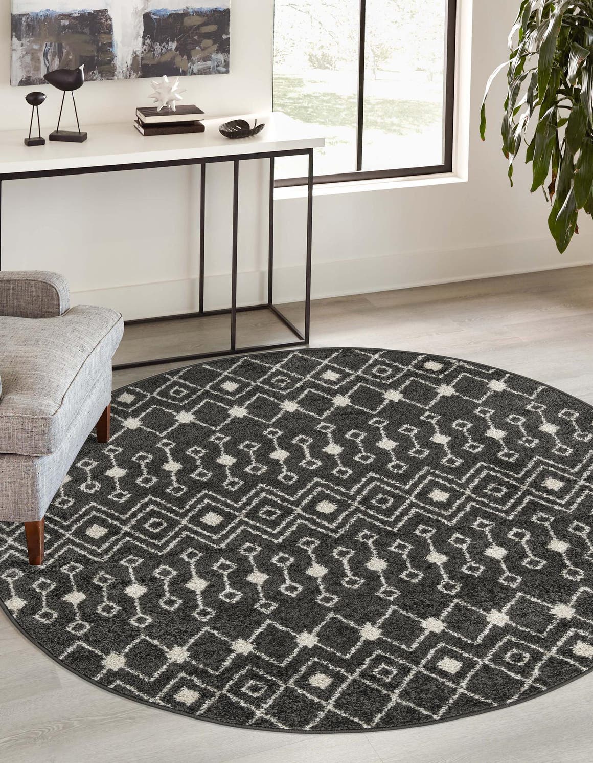 Dark Gray 6' x 6' Tribal Trellis Round Area Rug Geometric Southwestern Inspired Durable Carpet for Home Interior Design for Sale at Rug Engine