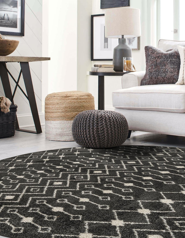Dark Gray 10' x 10' Tribal Trellis Round Area Rug Geometric Southwestern Inspired Durable Carpet for Home Interior Design for Sale at Rug Engine