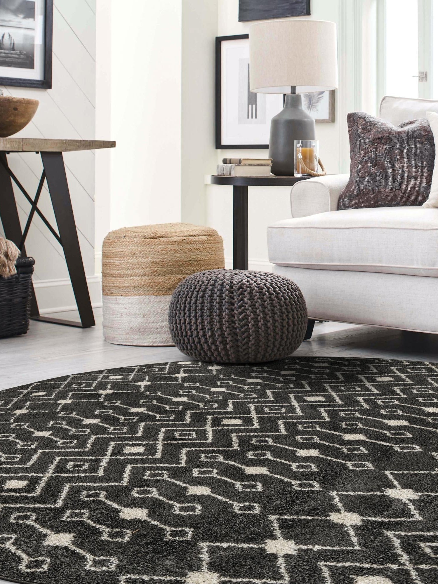Dark Gray 3' 3 x 3' 3 Tribal Trellis Round Area Rug Geometric Southwestern Inspired Durable Carpet for Home Interior Design for Sale at Rug Engine