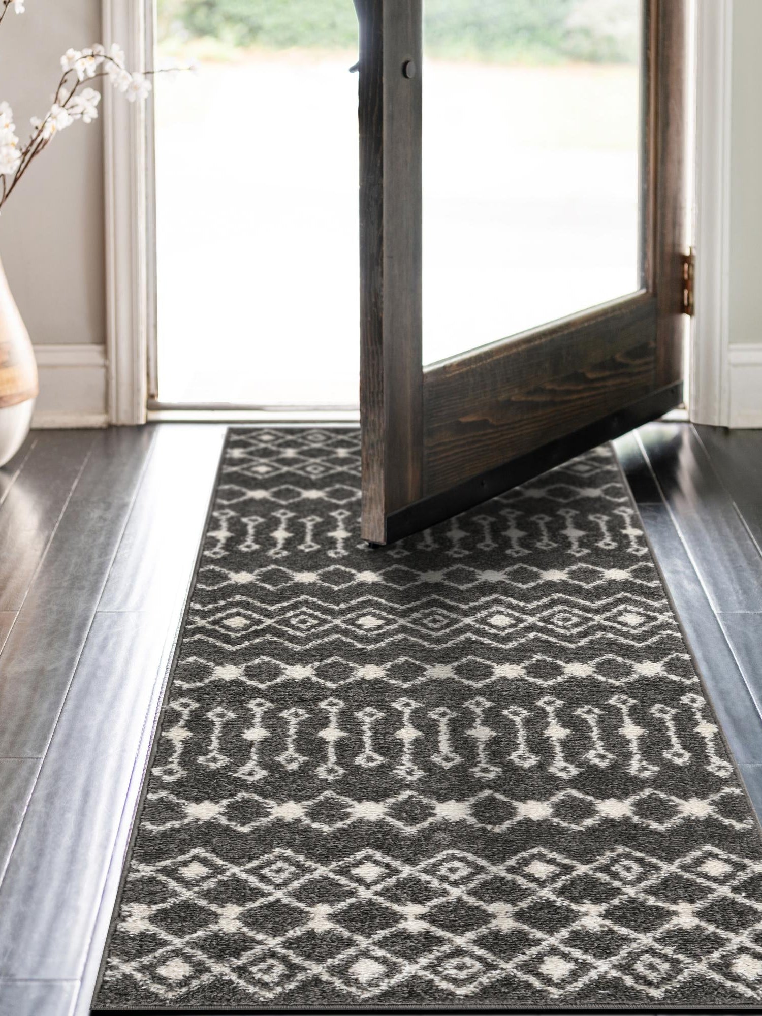 Dark Gray 2' x 8' Tribal Trellis Runner Area Rug Geometric Southwestern Inspired Durable Carpet for Home Interior Design for Sale at Rug Engine