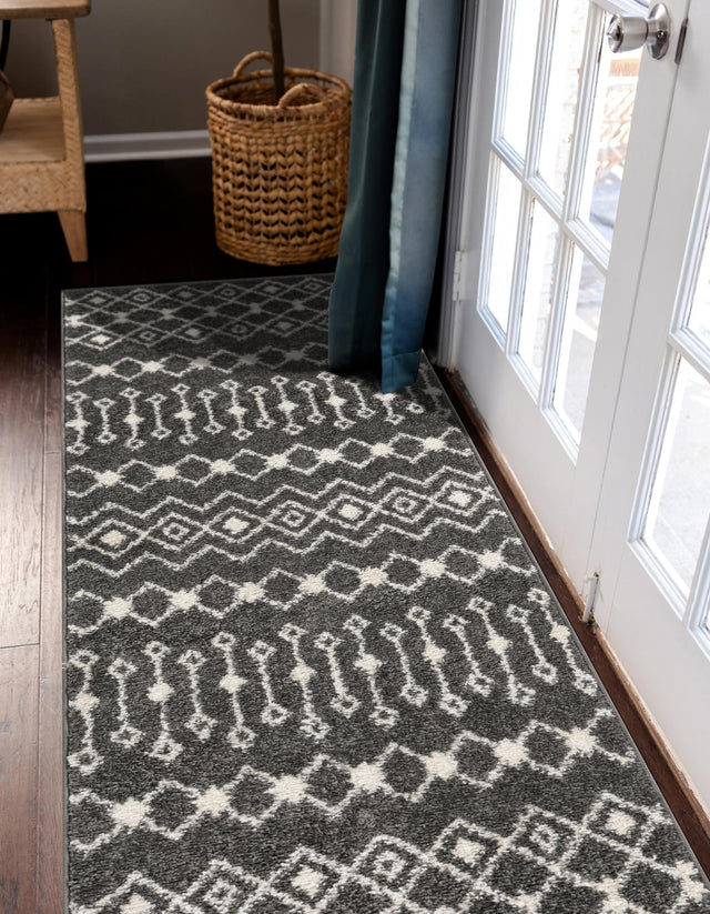 Dark Gray 3' 3 x 16' 5 Tribal Trellis Runner Area Rug Geometric Southwestern Inspired Durable Carpet for Home Interior Design for Sale at Rug Engine