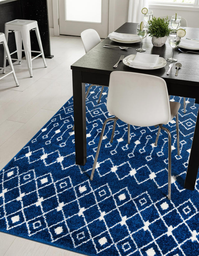 Navy Blue 6' 1 x 9' Tribal Trellis Rectangle Area Rug Geometric Southwestern Inspired Durable Carpet for Home Interior Design for Sale at Rug Engine