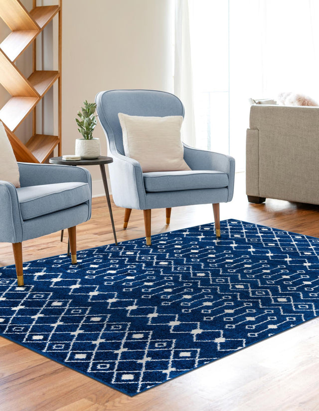 Navy Blue 9' x 12' Tribal Trellis Rectangle Area Rug Geometric Southwestern Inspired Durable Carpet for Home Interior Design for Sale at Rug Engine