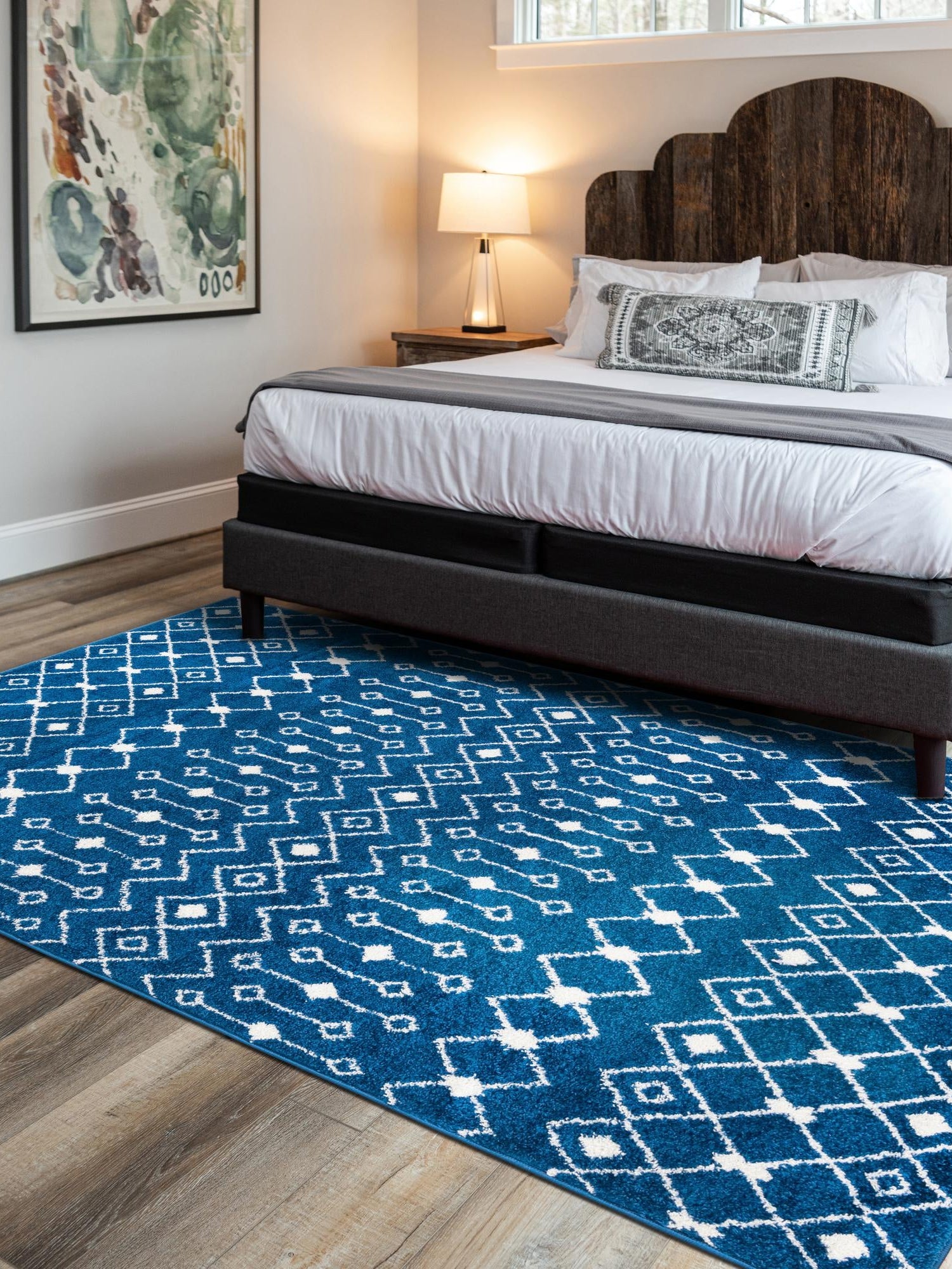 Navy Blue 4' 1 x 6' 1 Tribal Trellis Rectangle Area Rug Geometric Southwestern Inspired Durable Carpet for Home Interior Design for Sale at Rug Engine