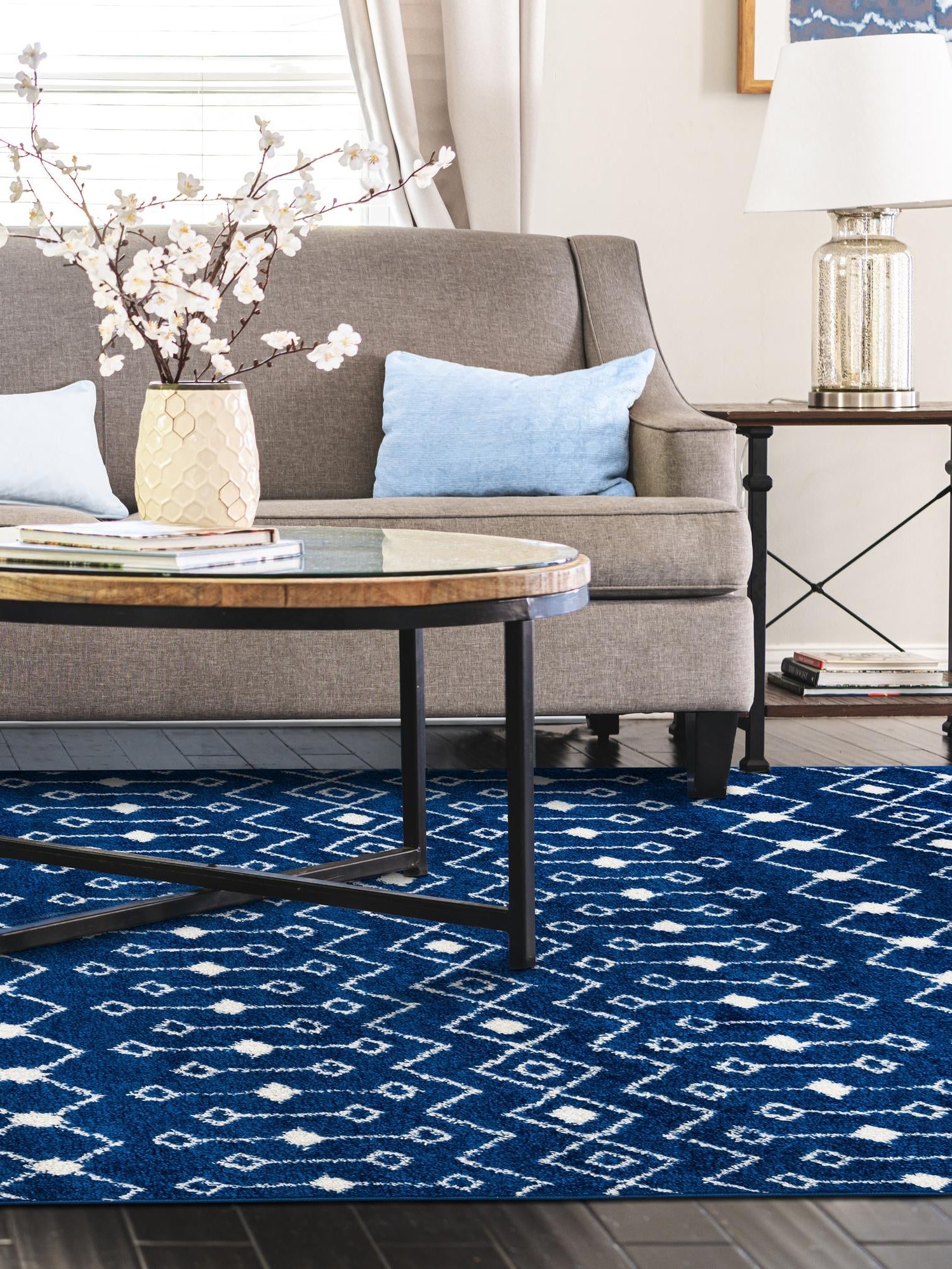 Navy Blue 6' 1 x 9' Tribal Trellis Rectangle Area Rug Geometric Southwestern Inspired Durable Carpet for Home Interior Design for Sale at Rug Engine