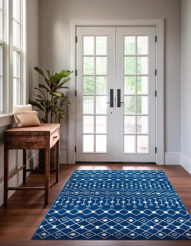 Navy Blue 9' x 12' Tribal Trellis Rectangle Area Rug Geometric Southwestern Inspired Durable Carpet for Home Interior Design for Sale at Rug Engine