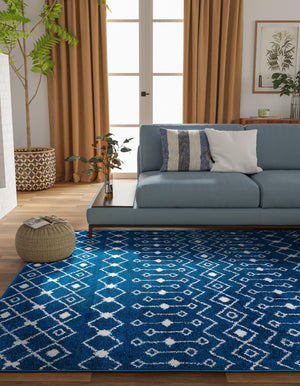 Navy Blue 7' 10 x 10' Tribal Trellis Rectangle Area Rug Geometric Southwestern Inspired Durable Carpet for Home Interior Design for Sale at Rug Engine