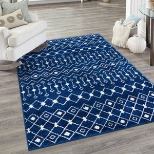 Navy Blue 9' x 12' Tribal Trellis Rectangle Area Rug Geometric Southwestern Inspired Durable Carpet for Home Interior Design for Sale at Rug Engine