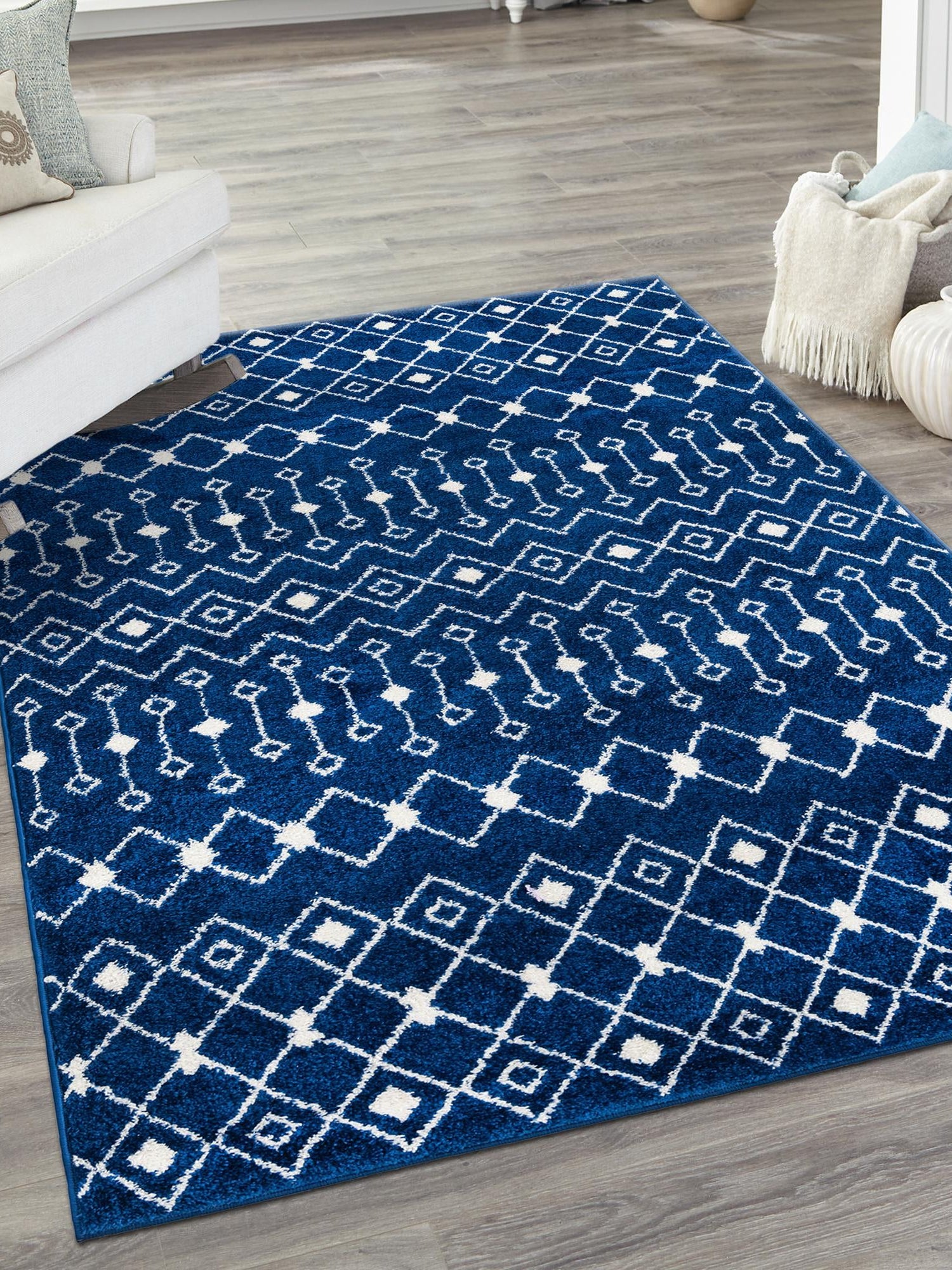 Navy Blue 10' x 13' 1 Tribal Trellis Rectangle Area Rug Geometric Southwestern Inspired Durable Carpet for Home Interior Design for Sale at Rug Engine