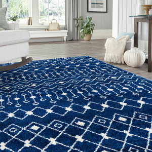 Navy Blue 9' x 12' Tribal Trellis Rectangle Area Rug Geometric Southwestern Inspired Durable Carpet for Home Interior Design for Sale at Rug Engine