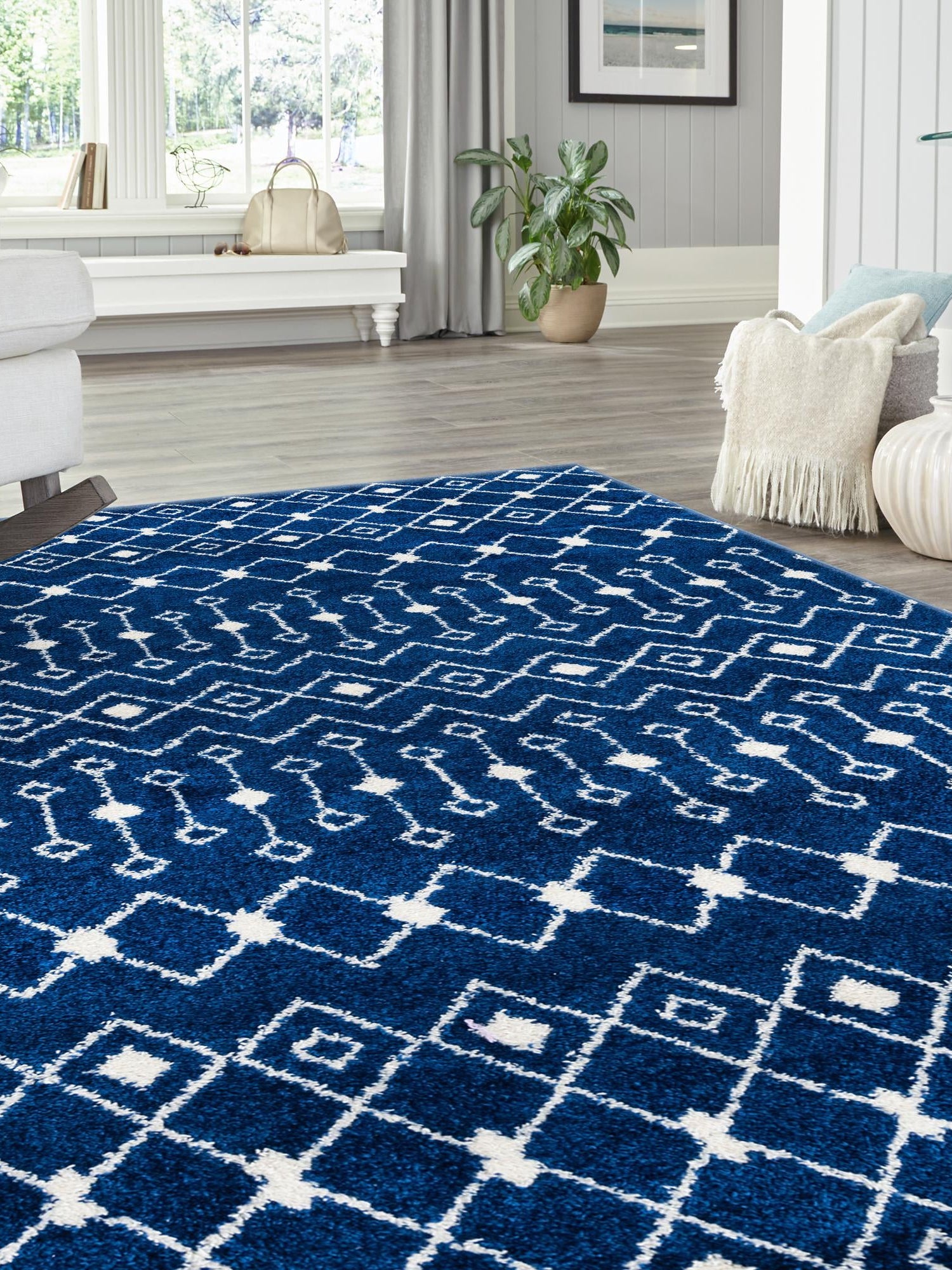 Navy Blue 7' 10 x 10' Tribal Trellis Rectangle Area Rug Geometric Southwestern Inspired Durable Carpet for Home Interior Design for Sale at Rug Engine