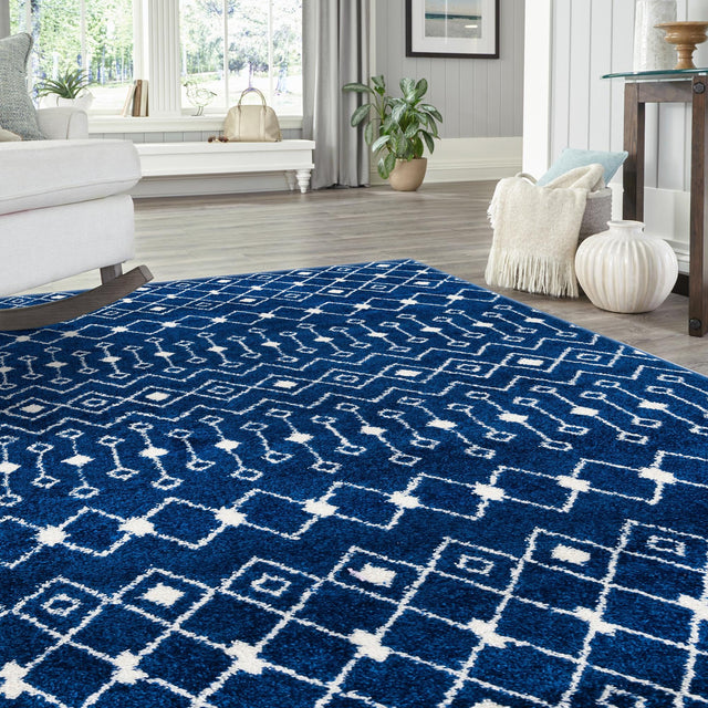Navy Blue 10' x 13' 1 Tribal Trellis Rectangle Area Rug Geometric Southwestern Inspired Durable Carpet for Home Interior Design for Sale at Rug Engine
