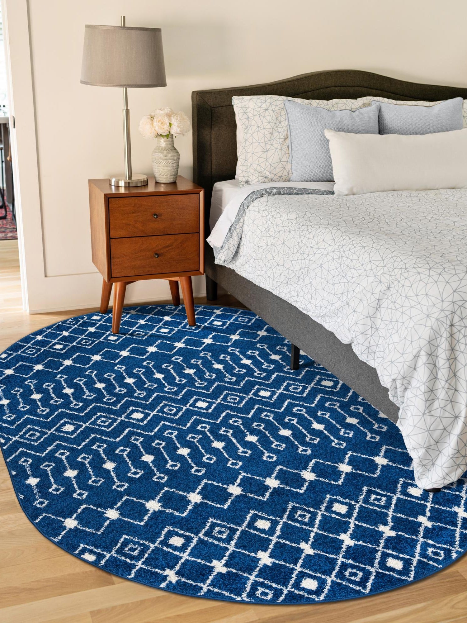 Navy Blue 7' 10 x 10' Tribal Trellis Oval Area Rug Geometric Southwestern Inspired Durable Carpet for Home Interior Design for Sale at Rug Engine