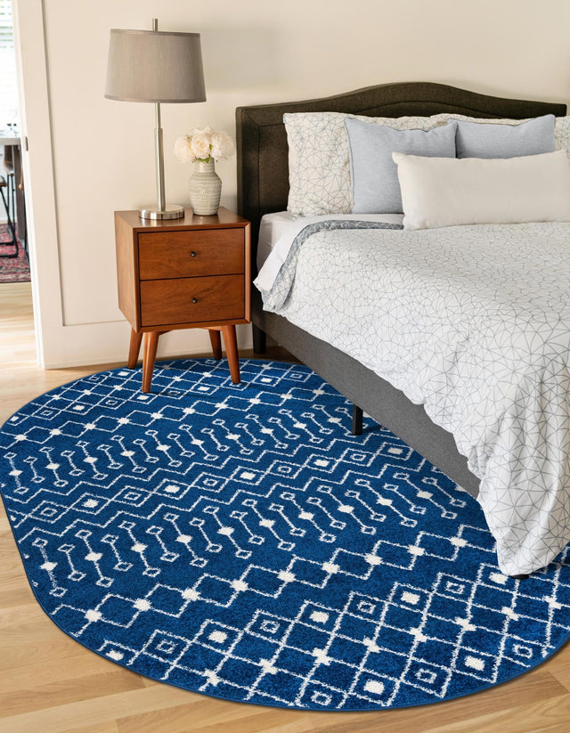 Navy Blue 7' 10 x 10' Tribal Trellis Oval Area Rug Geometric Southwestern Inspired Durable Carpet for Home Interior Design for Sale at Rug Engine