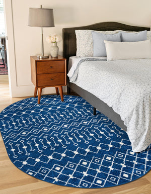 Navy Blue 4' 1 x 6' 1 Tribal Trellis Oval Area Rug Geometric Southwestern Inspired Durable Carpet for Home Interior Design for Sale at Rug Engine