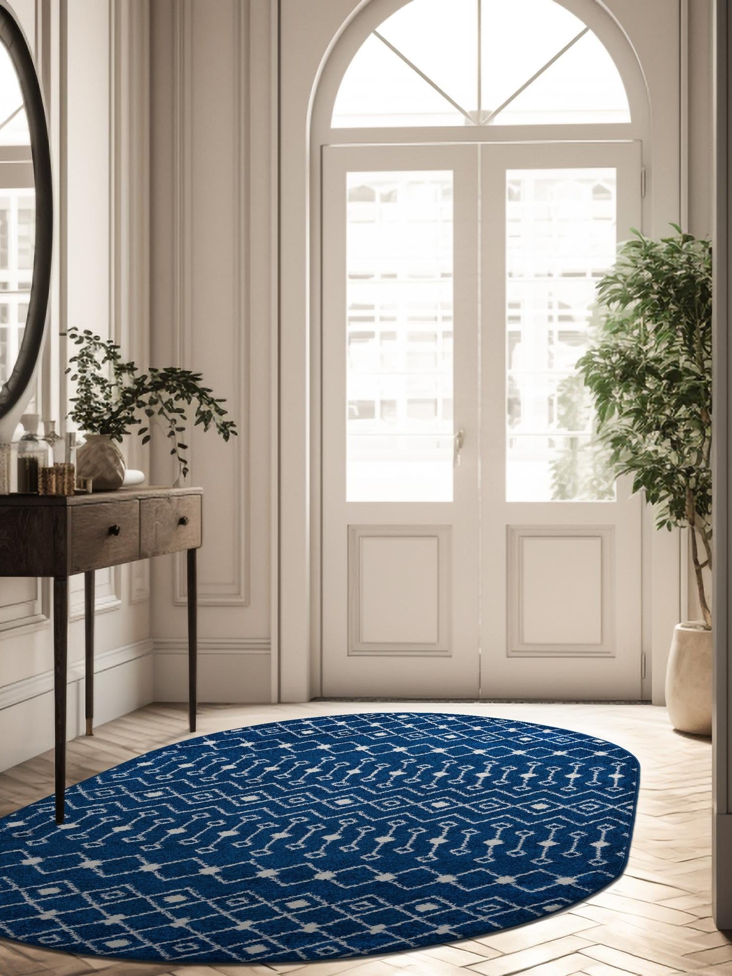 Navy Blue 7' 10 x 10' Tribal Trellis Oval Area Rug Geometric Southwestern Inspired Durable Carpet for Home Interior Design for Sale at Rug Engine