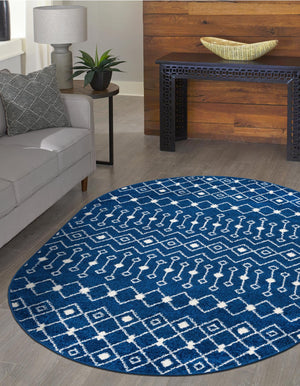 Navy Blue 5' 3 x 8' Tribal Trellis Oval Area Rug Geometric Southwestern Inspired Durable Carpet for Home Interior Design for Sale at Rug Engine