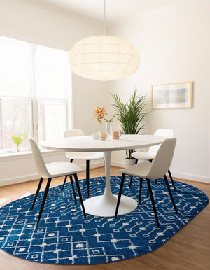 Navy Blue 4' 1 x 6' 1 Tribal Trellis Oval Area Rug Geometric Southwestern Inspired Durable Carpet for Home Interior Design for Sale at Rug Engine