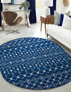 Navy Blue 7' 10 x 10' Tribal Trellis Oval Area Rug Geometric Southwestern Inspired Durable Carpet for Home Interior Design for Sale at Rug Engine