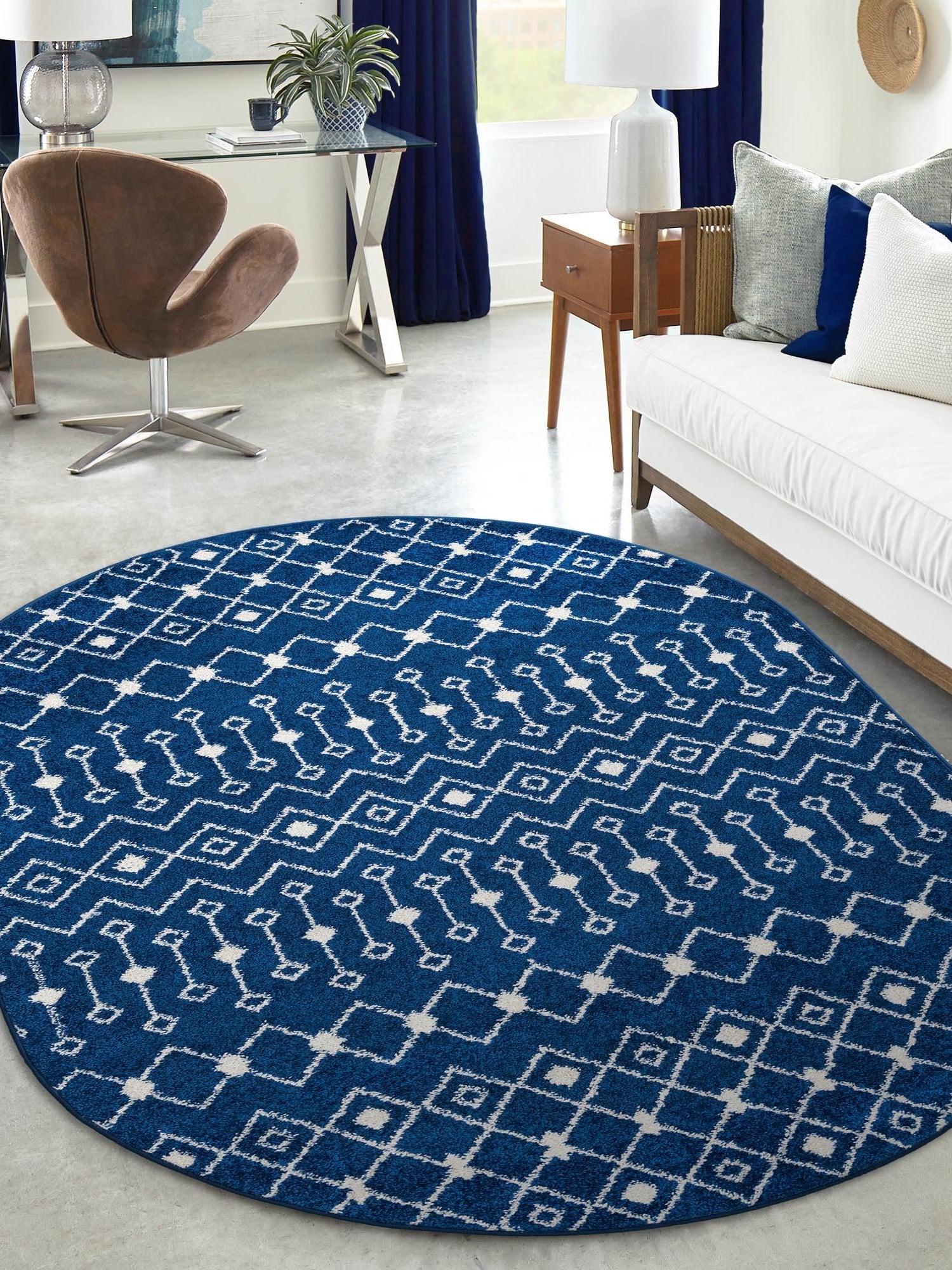 Navy Blue 4' 1 x 6' 1 Tribal Trellis Oval Area Rug Geometric Southwestern Inspired Durable Carpet for Home Interior Design for Sale at Rug Engine