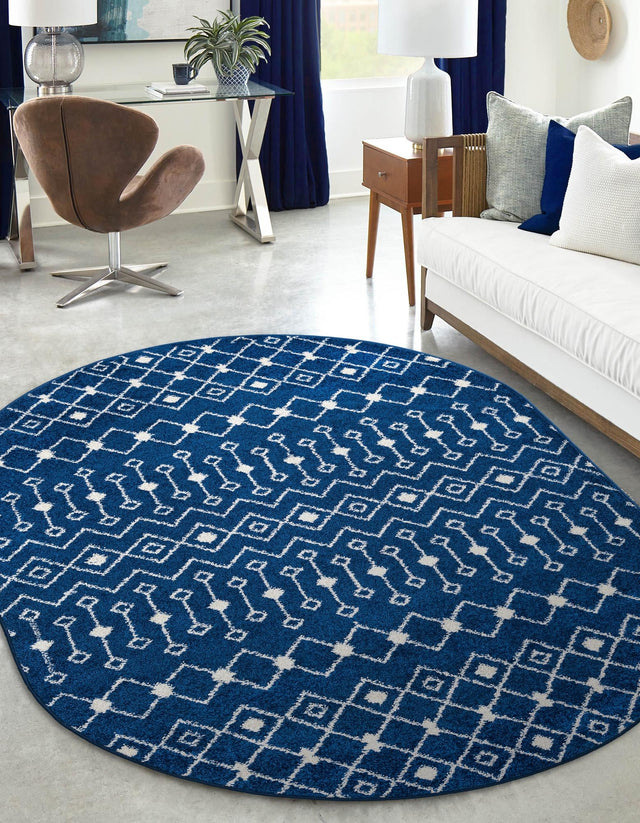 Navy Blue 4' 1 x 6' 1 Tribal Trellis Oval Area Rug Geometric Southwestern Inspired Durable Carpet for Home Interior Design for Sale at Rug Engine