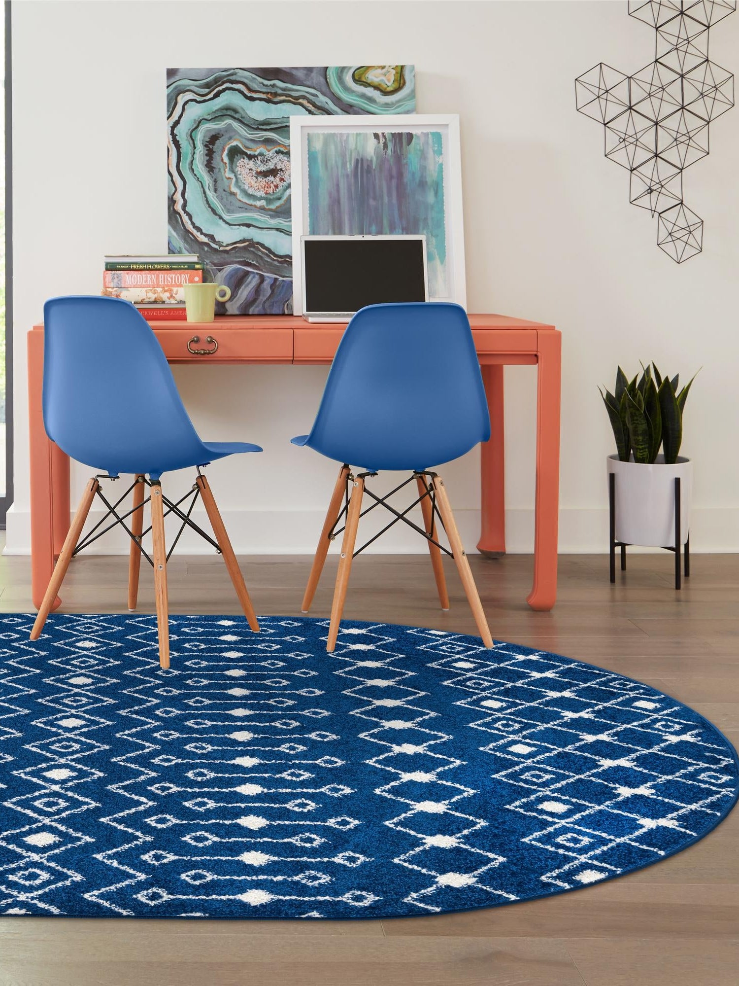 Navy Blue 4' 1 x 6' 1 Tribal Trellis Oval Area Rug Geometric Southwestern Inspired Durable Carpet for Home Interior Design for Sale at Rug Engine