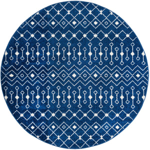 Navy Blue 7' 10 x 7' 10 Tribal Trellis Round Area Rug Geometric Southwestern Inspired Durable Carpet for Home Interior Design for Sale at Rug Engine
