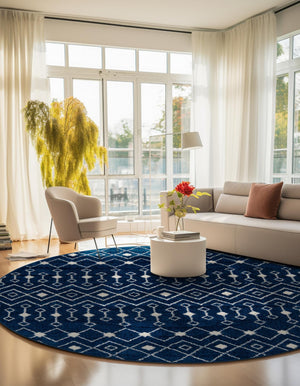 Navy Blue 5' 3 x 5' 3 Tribal Trellis Round Area Rug Geometric Southwestern Inspired Durable Carpet for Home Interior Design for Sale at Rug Engine