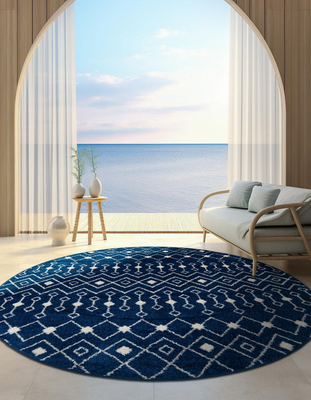 Navy Blue 6' 1 x 6' 1 Tribal Trellis Round Area Rug Geometric Southwestern Inspired Durable Carpet for Home Interior Design for Sale at Rug Engine
