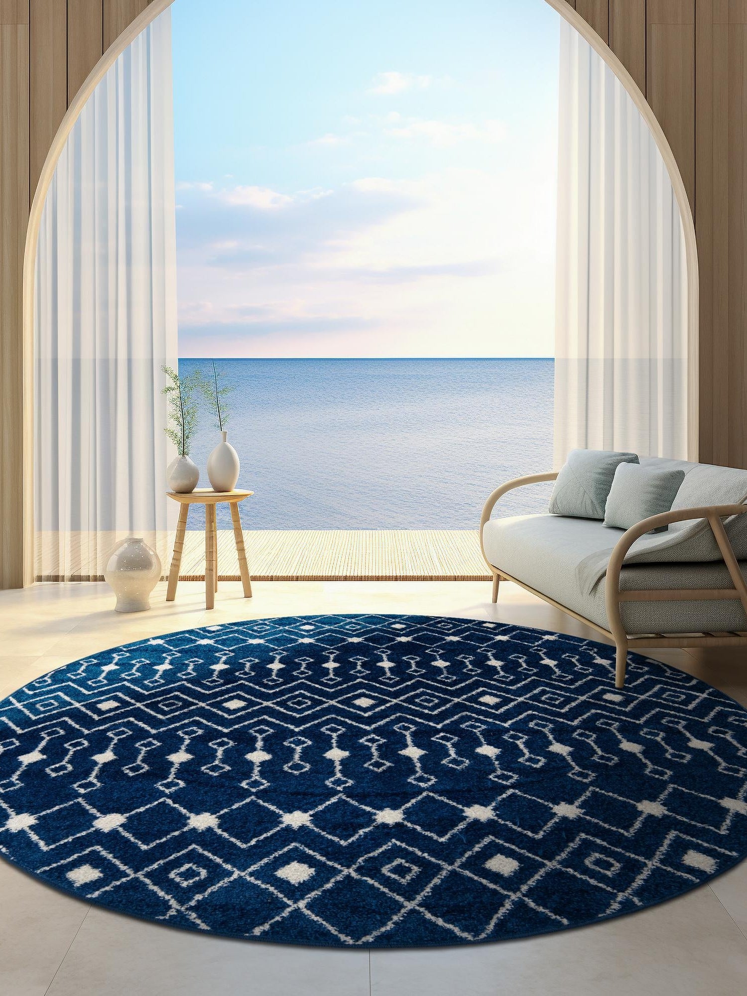Navy Blue 3' 1 x 3' 1 Tribal Trellis Round Area Rug Geometric Southwestern Inspired Durable Carpet for Home Interior Design for Sale at Rug Engine