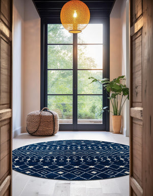 Navy Blue 7' 10 x 7' 10 Tribal Trellis Round Area Rug Geometric Southwestern Inspired Durable Carpet for Home Interior Design for Sale at Rug Engine