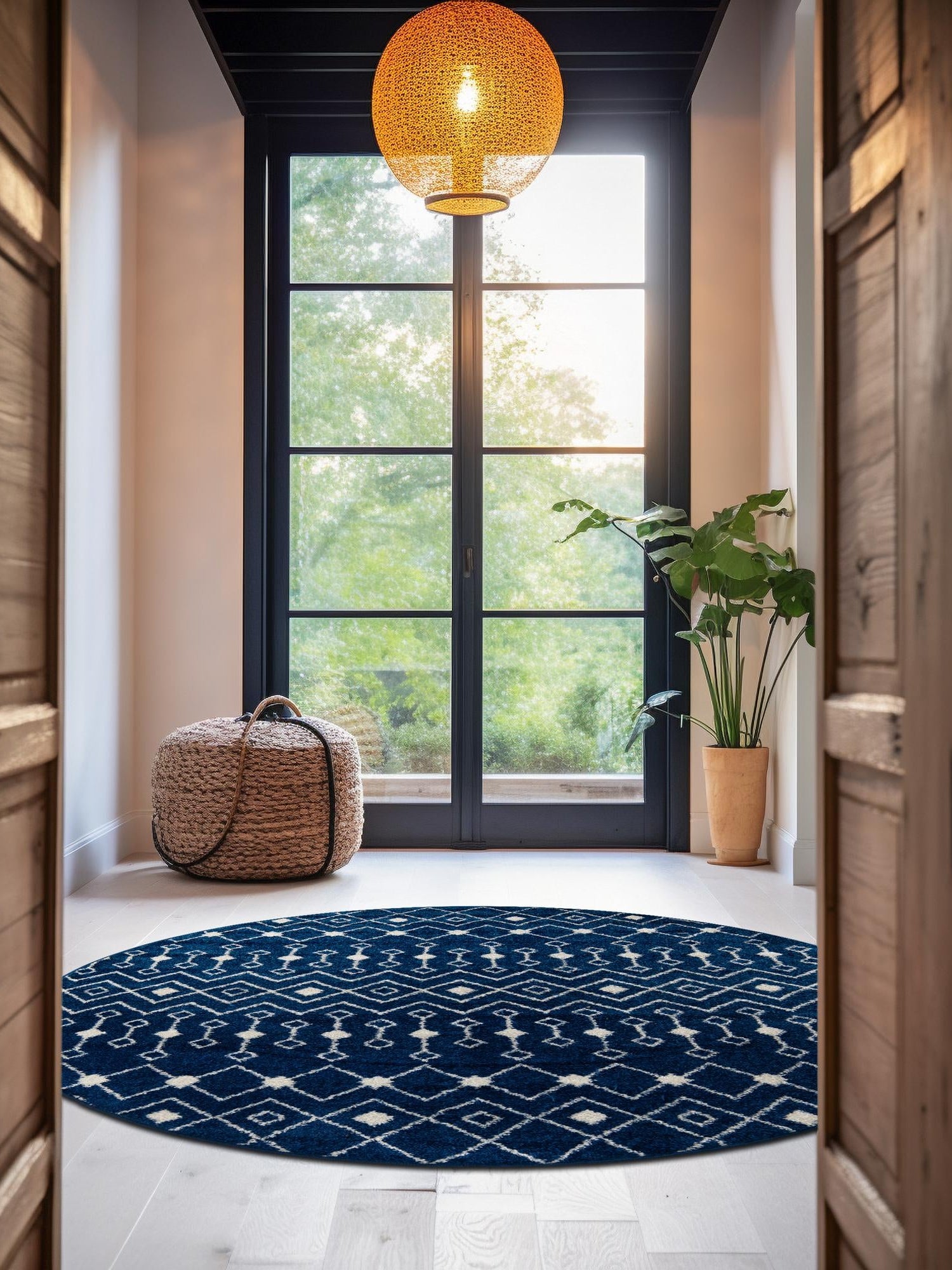Navy Blue 5' 3 x 5' 3 Tribal Trellis Round Area Rug Geometric Southwestern Inspired Durable Carpet for Home Interior Design for Sale at Rug Engine
