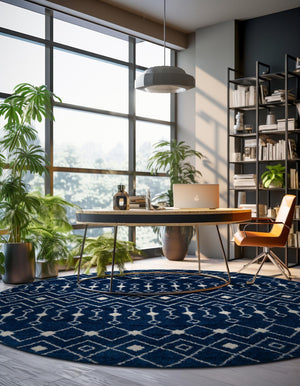 Navy Blue 7' 10 x 7' 10 Tribal Trellis Round Area Rug Geometric Southwestern Inspired Durable Carpet for Home Interior Design for Sale at Rug Engine