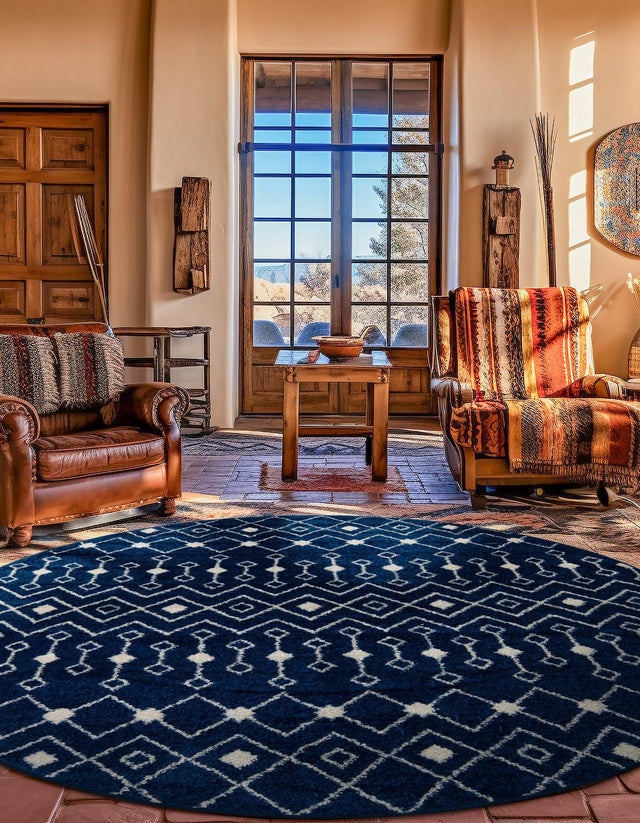 Navy Blue 6' 1 x 6' 1 Tribal Trellis Round Area Rug Geometric Southwestern Inspired Durable Carpet for Home Interior Design for Sale at Rug Engine