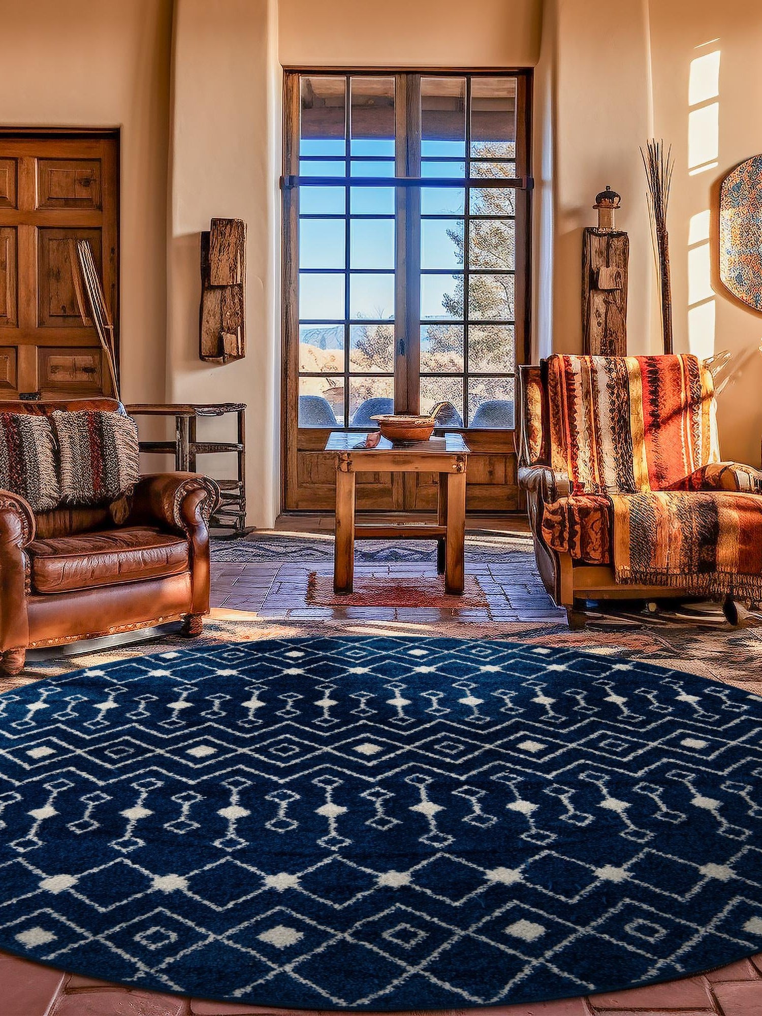 Navy Blue 7' 10 x 7' 10 Tribal Trellis Round Area Rug Geometric Southwestern Inspired Durable Carpet for Home Interior Design for Sale at Rug Engine