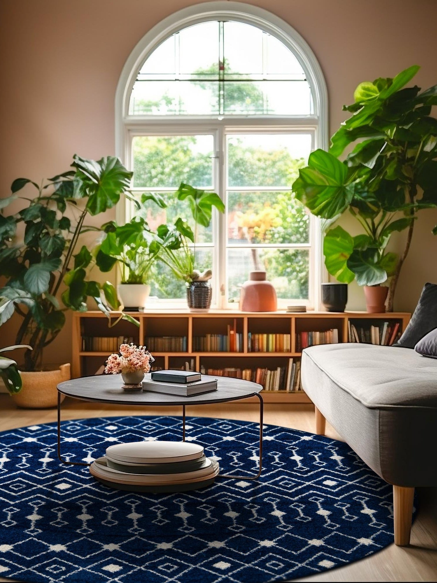 Navy Blue 10' x 10' Tribal Trellis Round Area Rug Geometric Southwestern Inspired Durable Carpet for Home Interior Design for Sale at Rug Engine