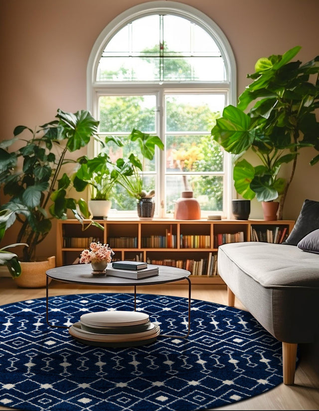 Navy Blue 10' x 10' Tribal Trellis Round Area Rug Geometric Southwestern Inspired Durable Carpet for Home Interior Design for Sale at Rug Engine