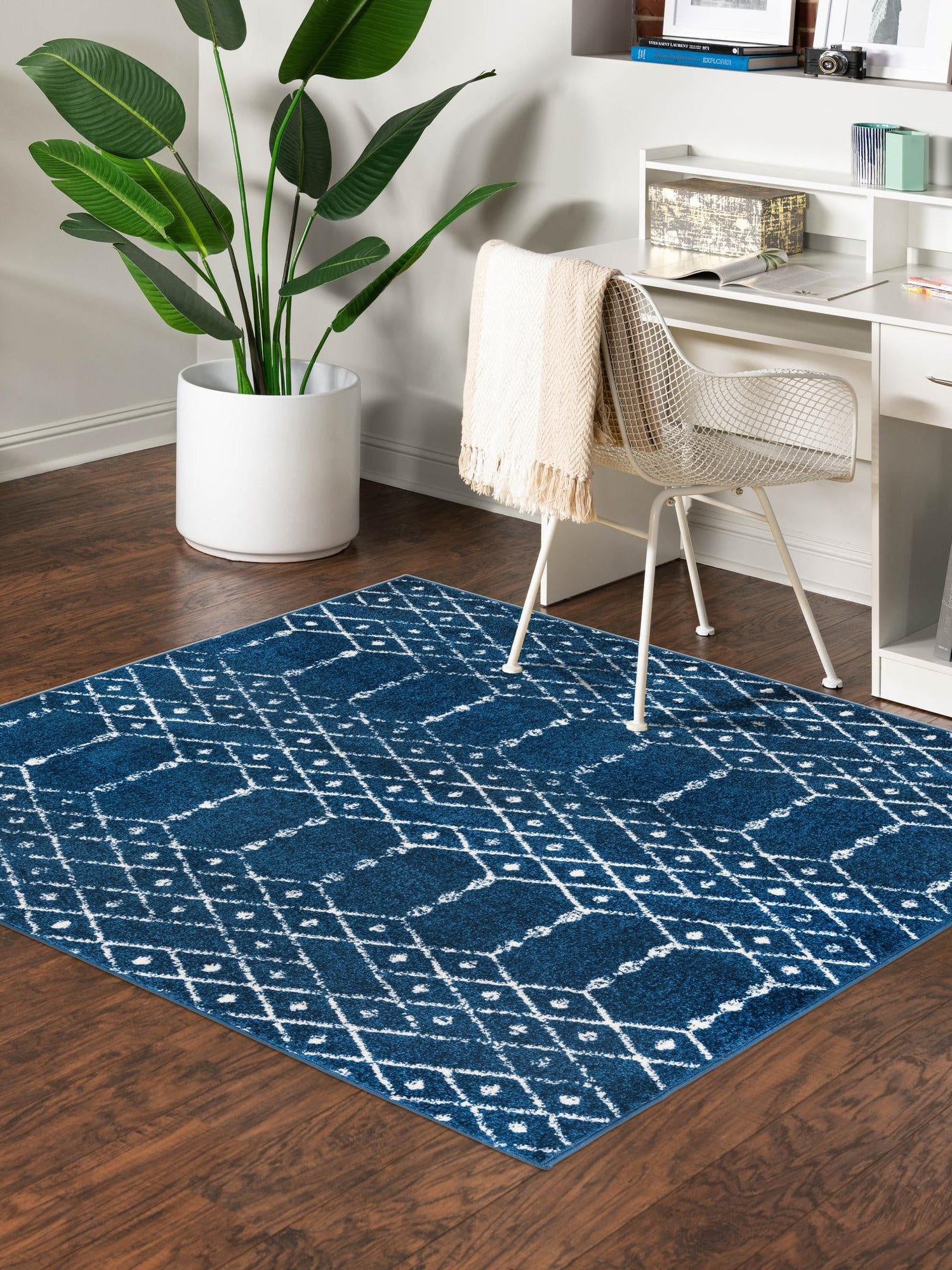 Navy Blue 5' 3 x 5' 3 Tribal Trellis Square Area Rug Geometric Southwestern Inspired Durable Carpet for Home Interior Design for Sale at Rug Engine