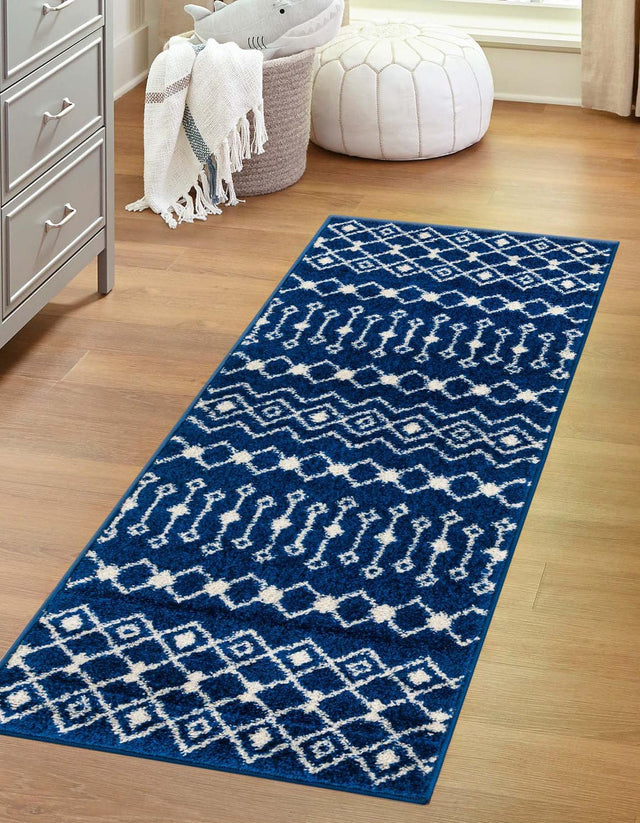 Navy Blue 2' x 7' 1 Tribal Trellis Runner Area Rug Geometric Southwestern Inspired Durable Carpet for Home Interior Design for Sale at Rug Engine