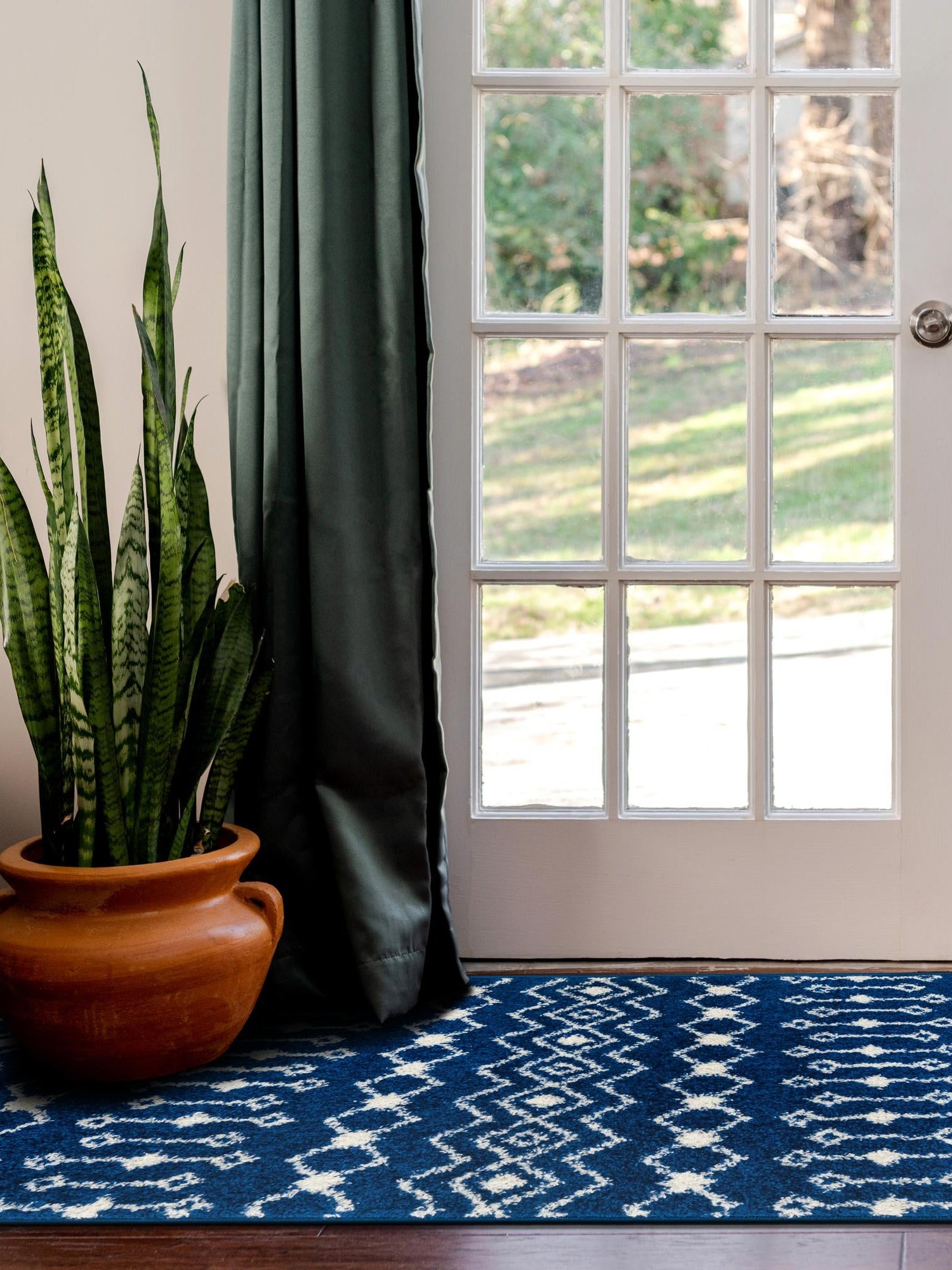 Navy Blue 2' 7 x 12' Tribal Trellis Runner Area Rug Geometric Southwestern Inspired Durable Carpet for Home Interior Design for Sale at Rug Engine