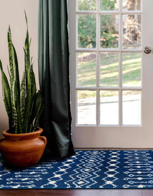 Navy Blue 2' x 6' 1 Tribal Trellis Runner Area Rug Geometric Southwestern Inspired Durable Carpet for Home Interior Design for Sale at Rug Engine