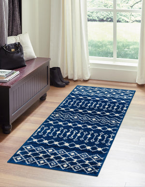 Navy Blue 2' x 5' 3 Tribal Trellis Runner Area Rug Geometric Southwestern Inspired Durable Carpet for Home Interior Design for Sale at Rug Engine