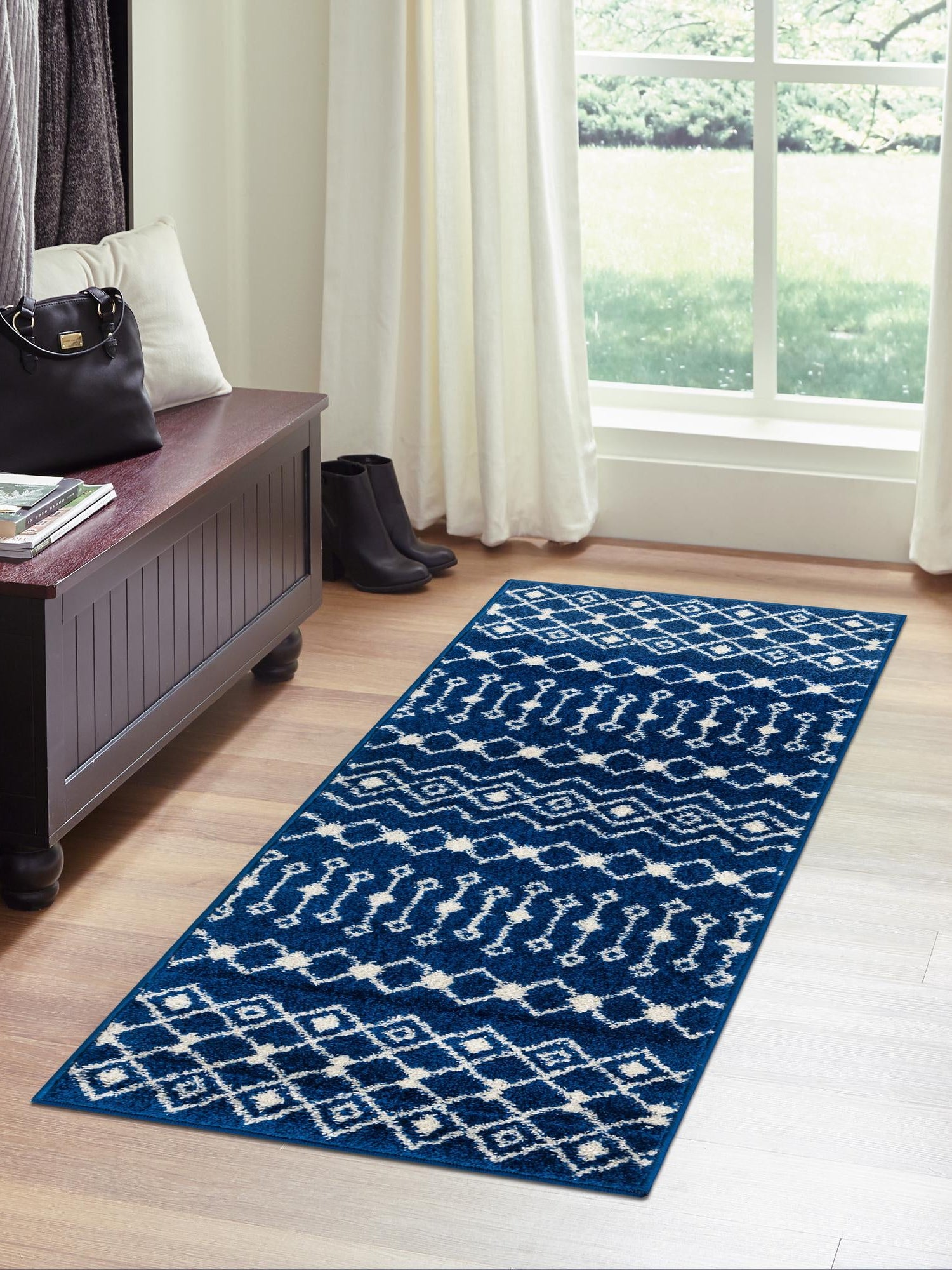 Navy Blue 2' x 6' 1 Tribal Trellis Runner Area Rug Geometric Southwestern Inspired Durable Carpet for Home Interior Design for Sale at Rug Engine