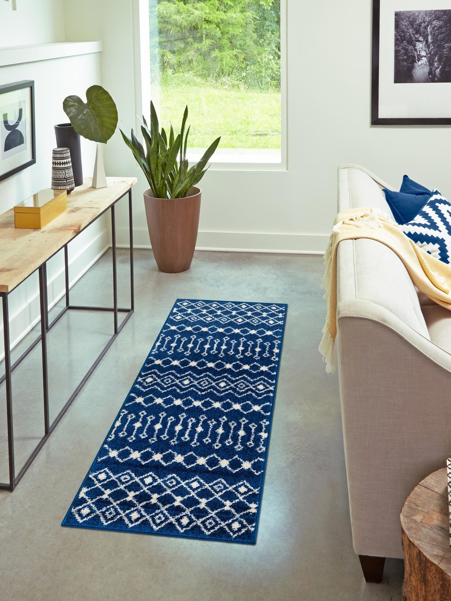 Navy Blue 3' 3 x 16' 5 Tribal Trellis Runner Area Rug Geometric Southwestern Inspired Durable Carpet for Home Interior Design for Sale at Rug Engine