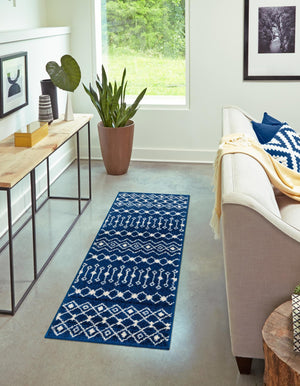 Navy Blue 2' x 8' Tribal Trellis Runner Area Rug Geometric Southwestern Inspired Durable Carpet for Home Interior Design for Sale at Rug Engine