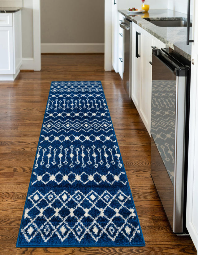 Navy Blue 2' 7 x 10' Tribal Trellis Runner Area Rug Geometric Southwestern Inspired Durable Carpet for Home Interior Design for Sale at Rug Engine